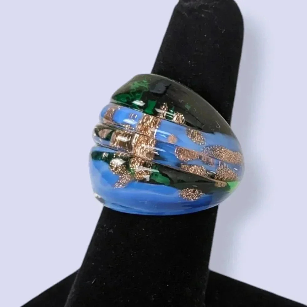 (2/$20) Vintage Murano-Style Blue Green Glass Ring